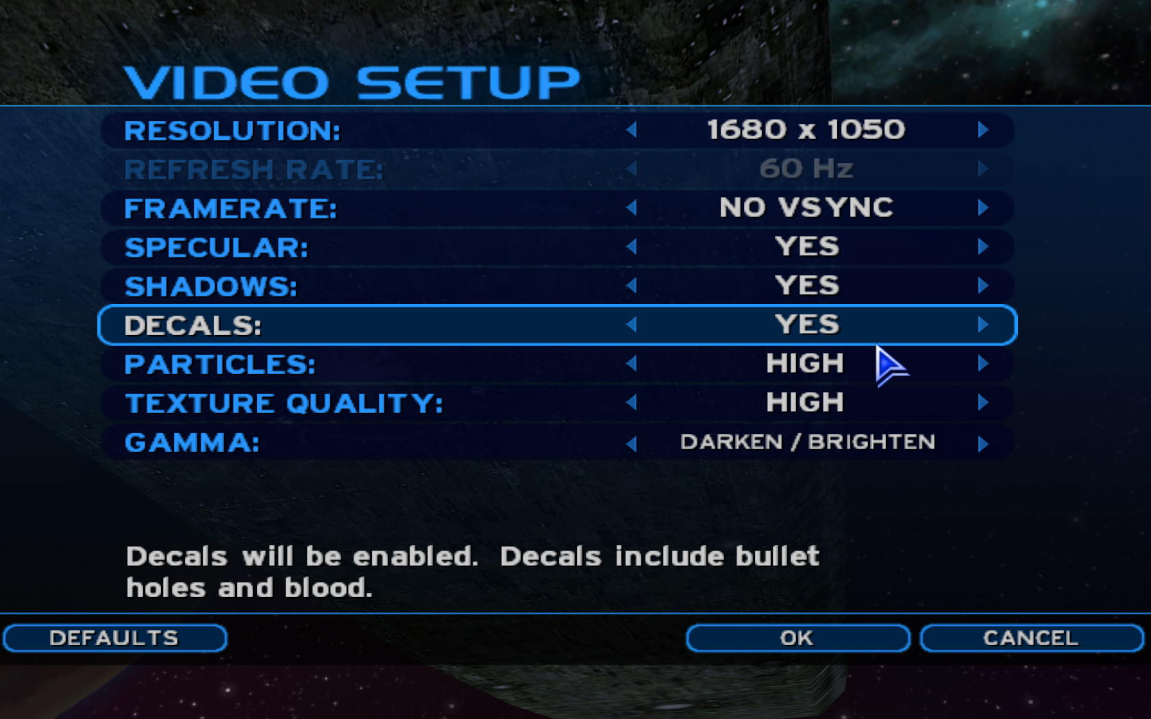 Halo's video settings menu